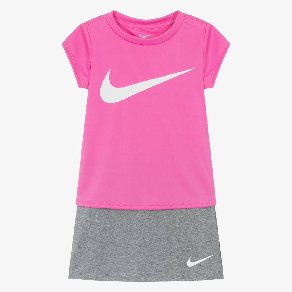 Nike-Girls Pink & Grey Swoosh Logo Skort Set | Childrensalon Outlet