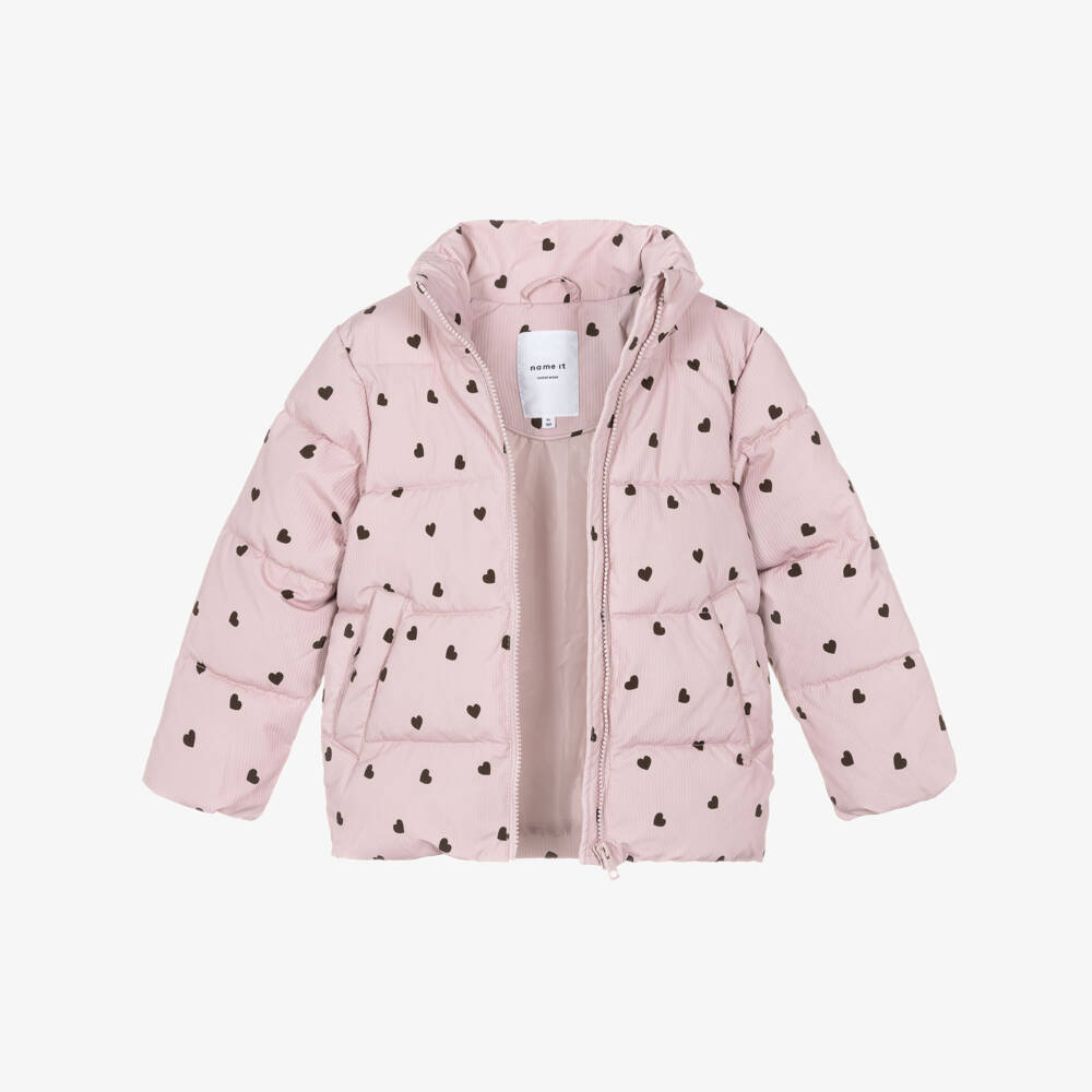 NAME IT-Girls Pink Heart Print Hooded Puffer Jacket | Childrensalon Outlet