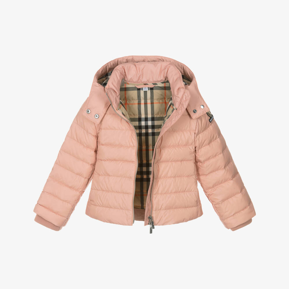 Burberry-Girls Pink Hooded Down Puffer Jacket | Childrensalon Outlet