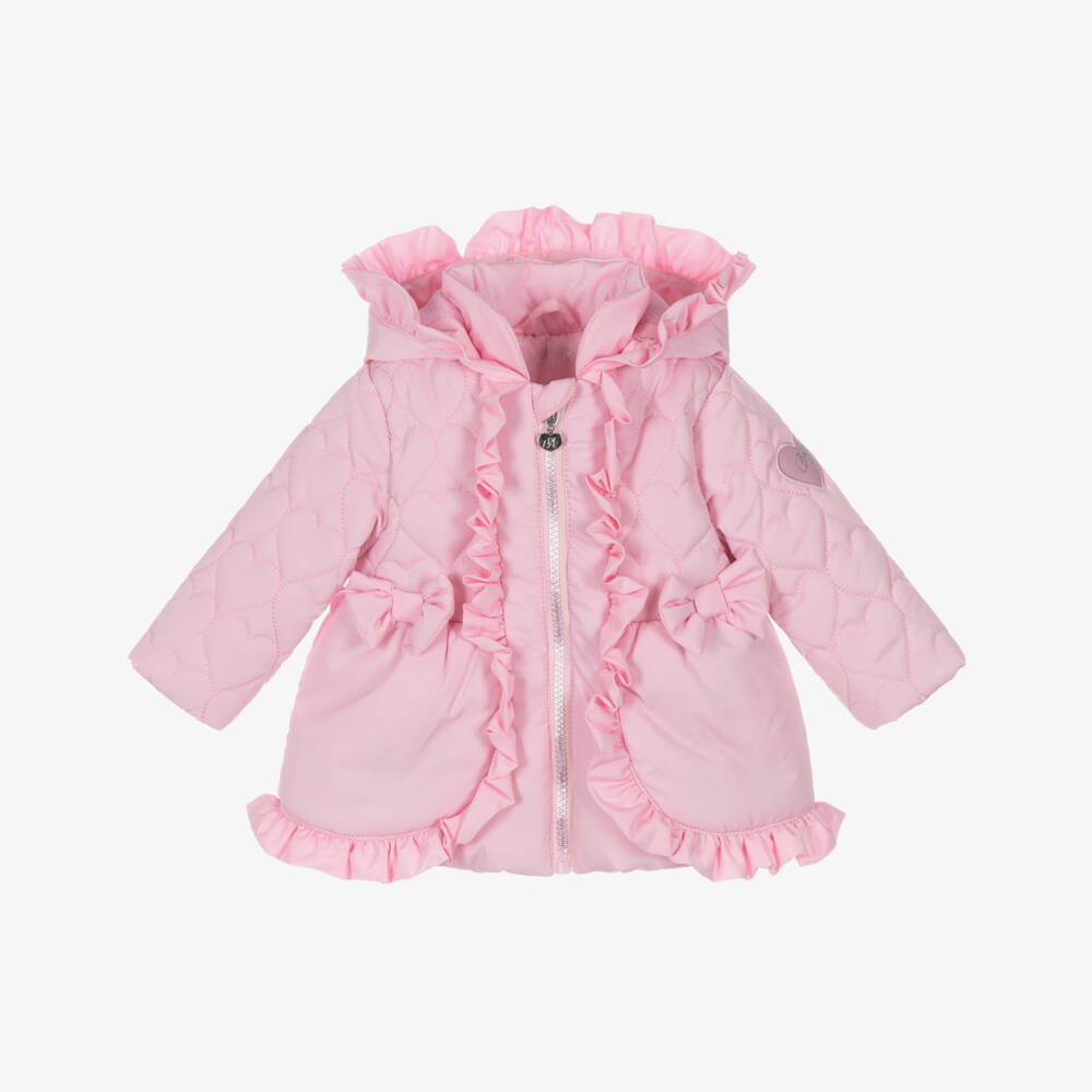 A Dee-Girls Pink Hooded Puffer Coat with Ruffles & Hearts | Childrensalon Outlet