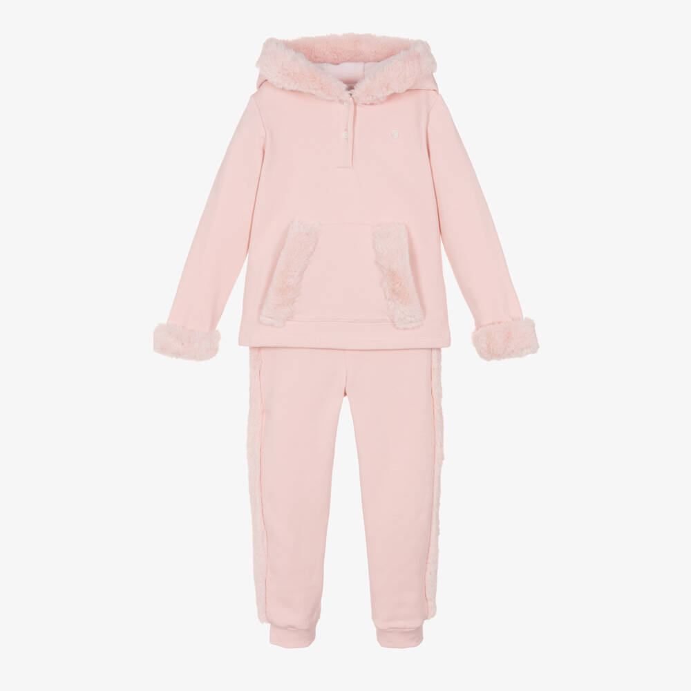 Patachou-Girls Pink Hooded Tracksuit with Faux Fur Trims | Childrensalon Outlet
