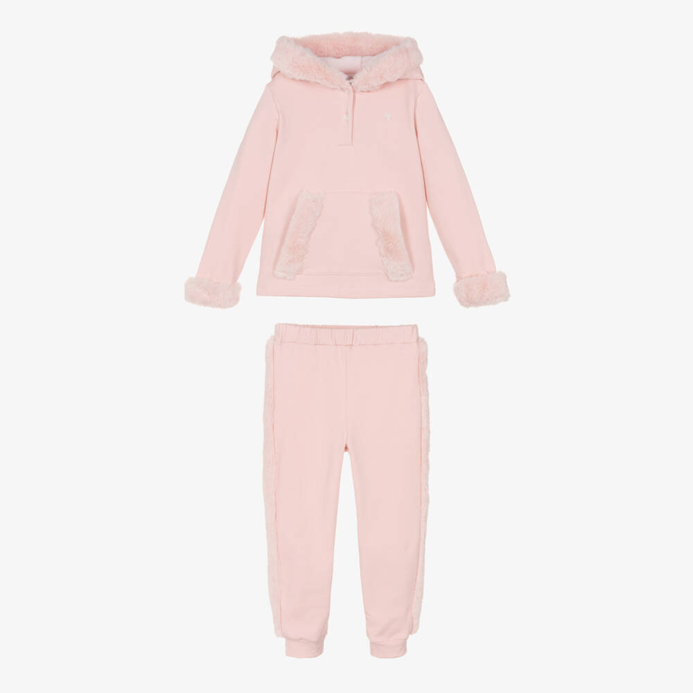Patachou-Girls Pink Hooded Tracksuit with Faux Fur Trims | Childrensalon Outlet