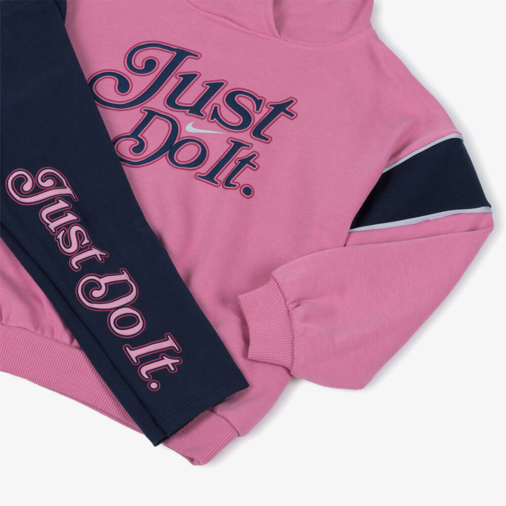 Nike-Girls Pink Hoodie & Navy Blue Leggings Set | Childrensalon Outlet