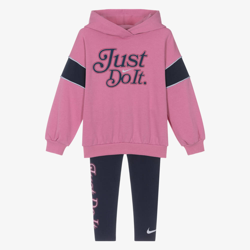 Nike-Girls Pink Hoodie & Navy Blue Leggings Set | Childrensalon Outlet