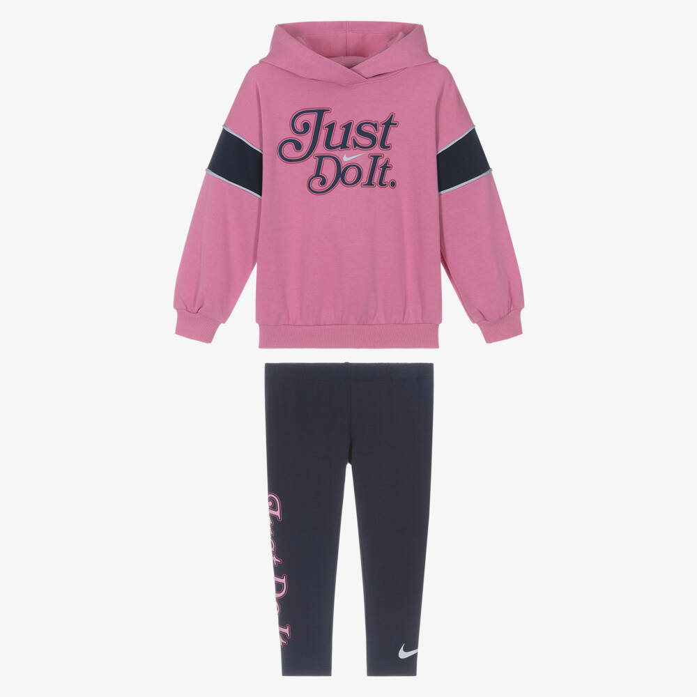 Nike-Girls Pink Hoodie & Navy Blue Leggings Set | Childrensalon Outlet