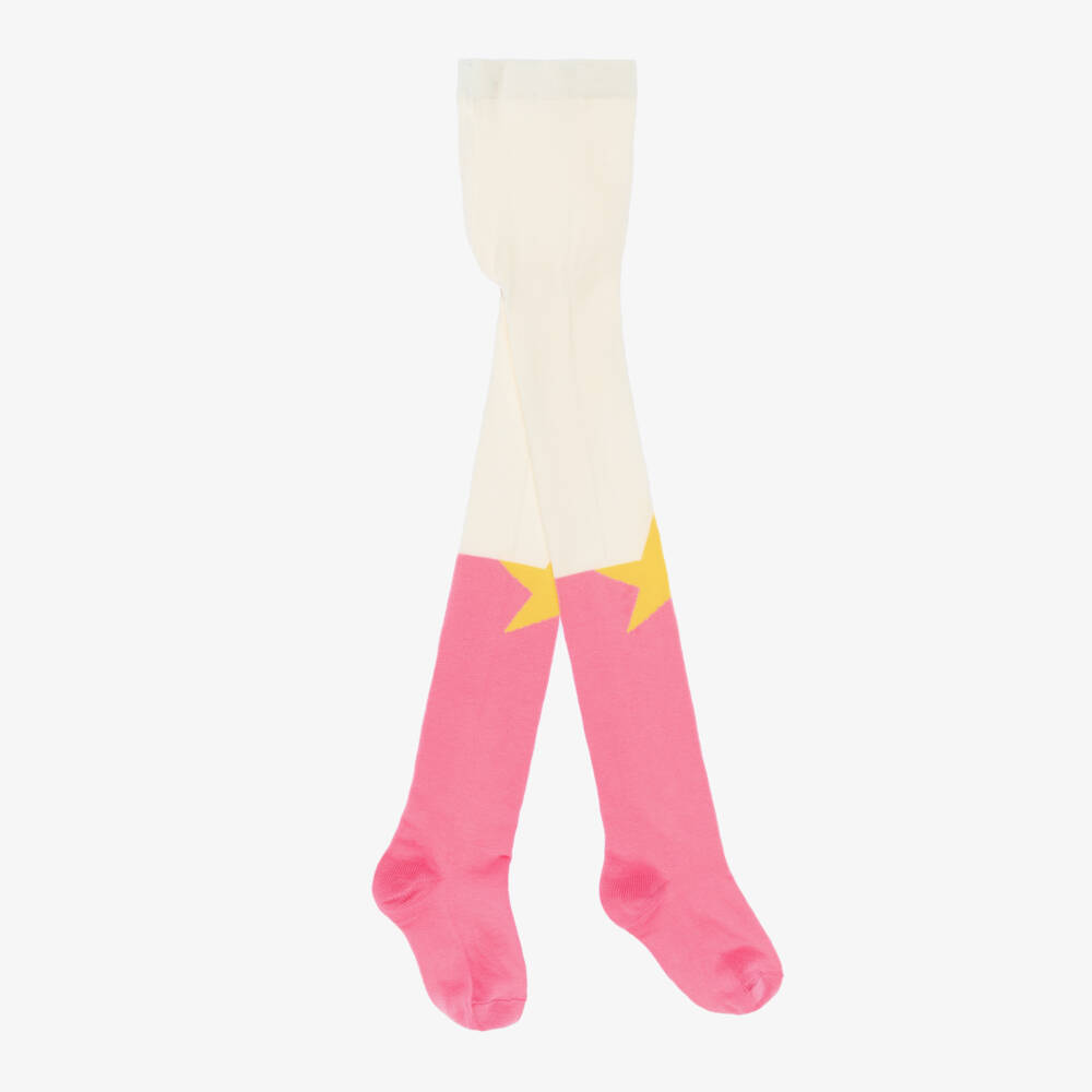 Stella McCartney Kids-Girls Pink & Ivory Cotton Tights with Yellow Stars | Childrensalon Outlet