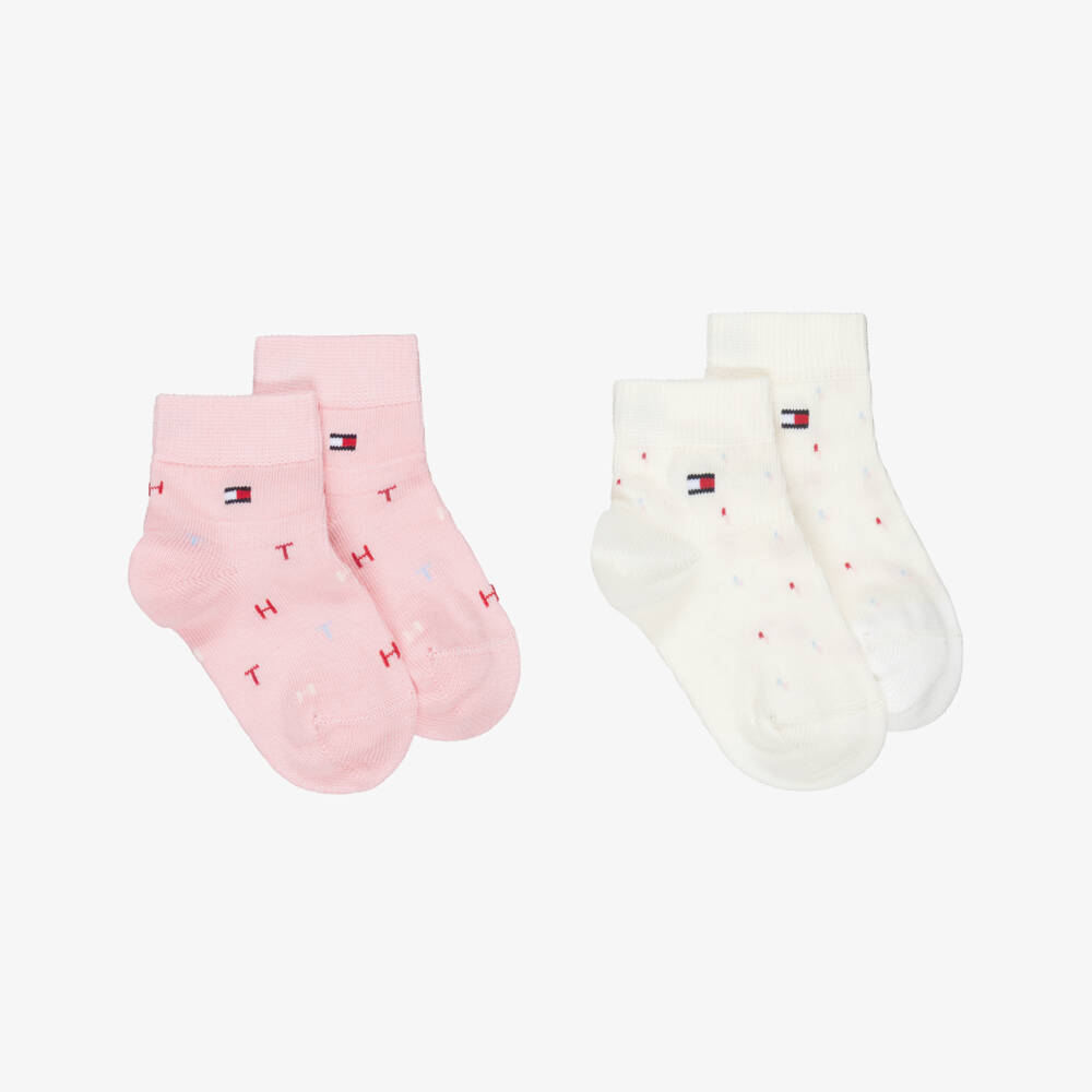 Tommy Hilfiger-Girls Pink & Ivory Knitted Ankle Socks with Flag Logo | Childrensalon Outlet