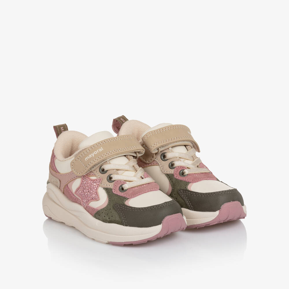 Mayoral-Girls Pink & Ivory Leather Trainers with Sparkly Star Detail | Childrensalon Outlet