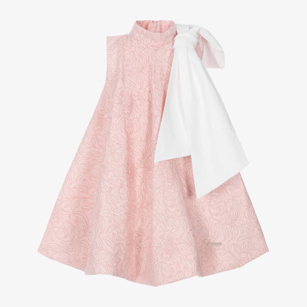 Jessie and James London-Girls Pink Jacquard Dress with Oversized Bow | Childrensalon Outlet