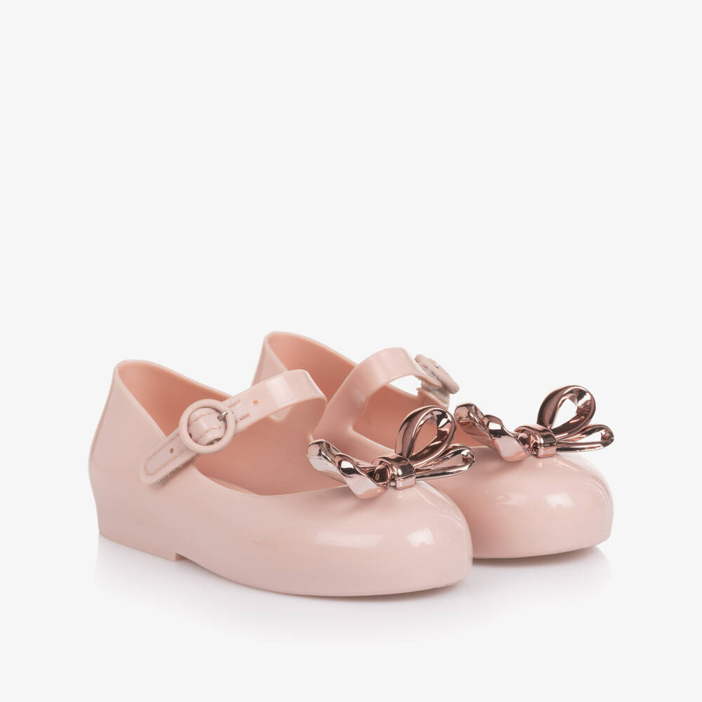 Mini Melissa-Girls Pink Jelly Pumps with Rose Gold Bow | Childrensalon Outlet