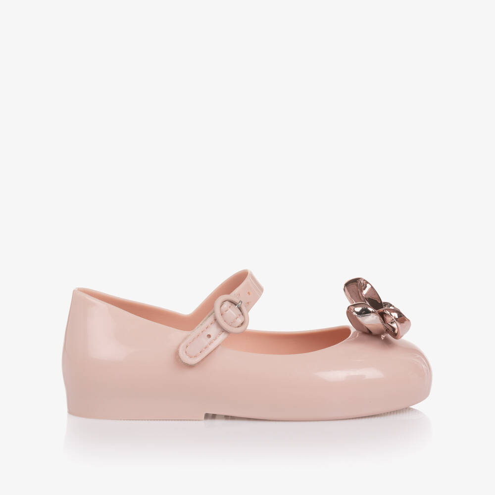Mini Melissa-Girls Pink Jelly Pumps with Rose Gold Bow | Childrensalon Outlet