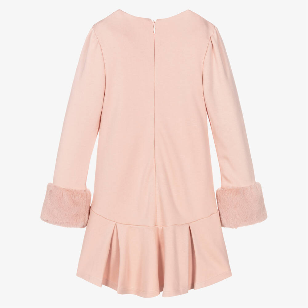 Lapin House-Girls Pink Jersey Dress with Faux Fur Cuffs | Childrensalon Outlet