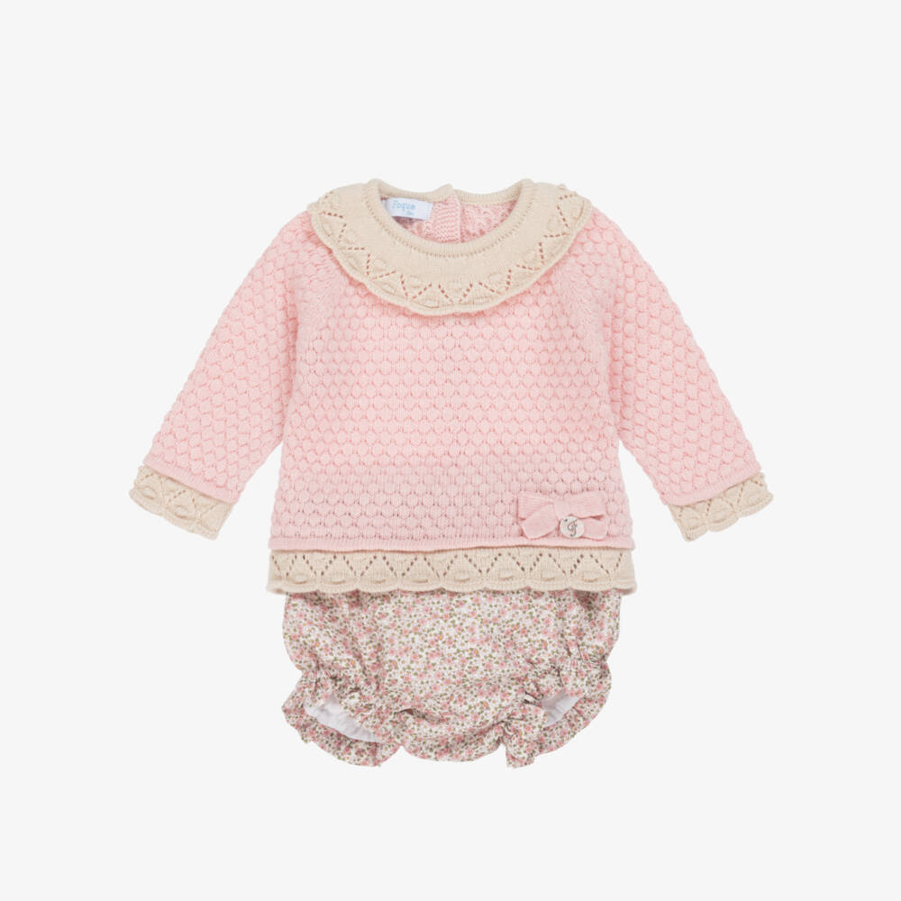Foque-Girls Pink Knit & Floral Cotton Shorts Set | Childrensalon Outlet