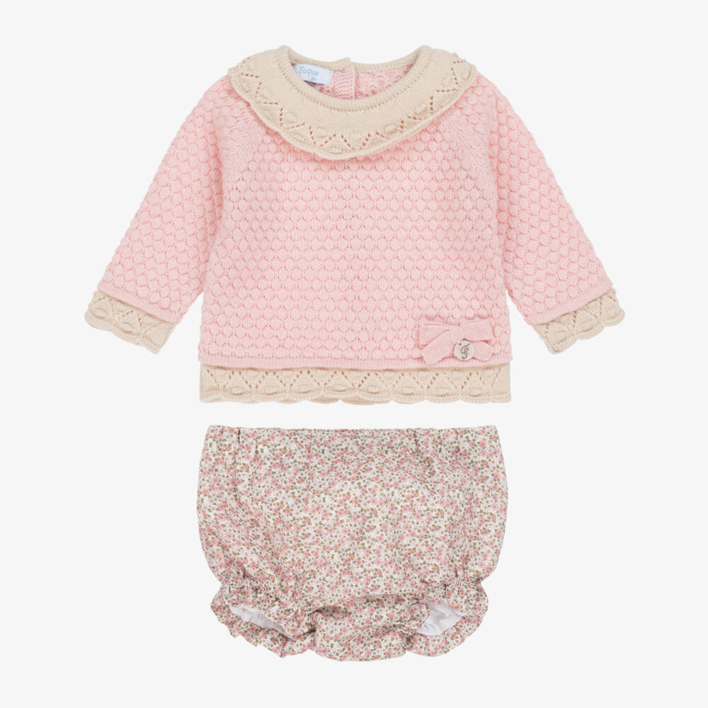 Foque-Girls Pink Knit & Floral Cotton Shorts Set | Childrensalon Outlet
