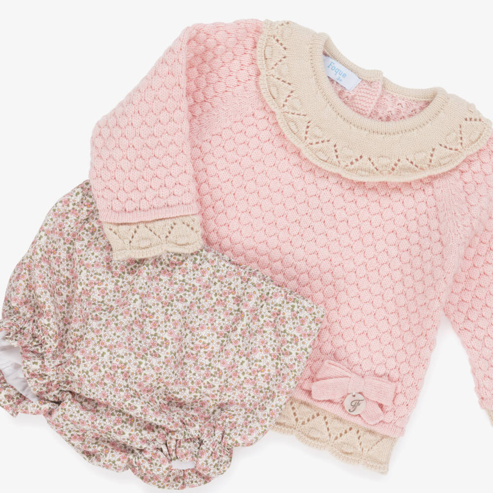 Foque-Girls Pink Knit & Floral Cotton Shorts Set | Childrensalon Outlet