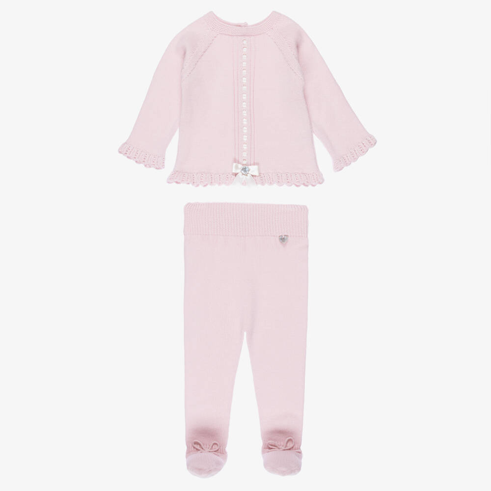 Artesanía Granlei-Girls Pink Knitted Babysuit Set with Ribbon Trim | Childrensalon Outlet