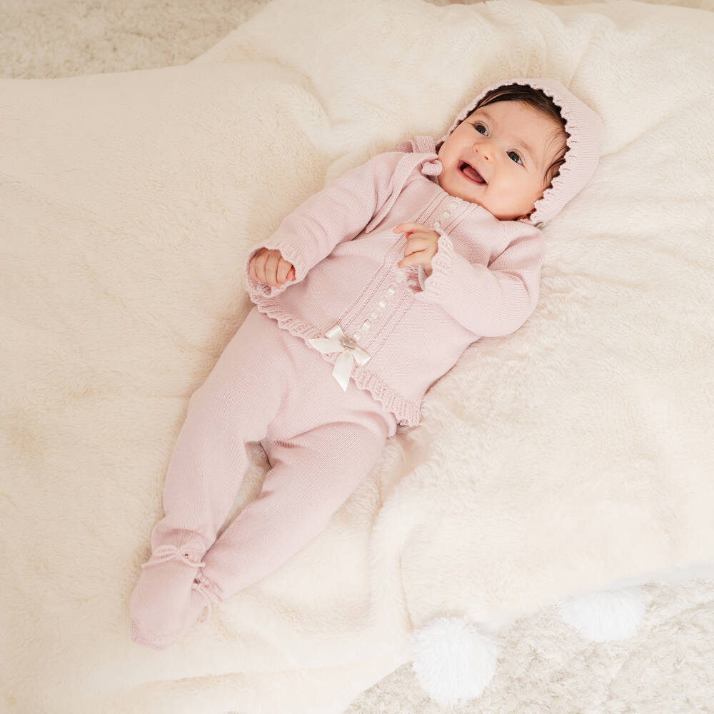 Artesanía Granlei-Girls Pink Knitted Babysuit Set with Ribbon Trim | Childrensalon Outlet