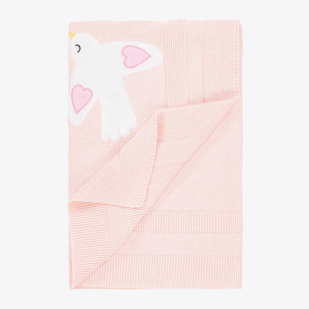 Stella McCartney Kids-Girls Pink Knitted Cotton Blanket with White Birds (78cm) | Childrensalon Outlet