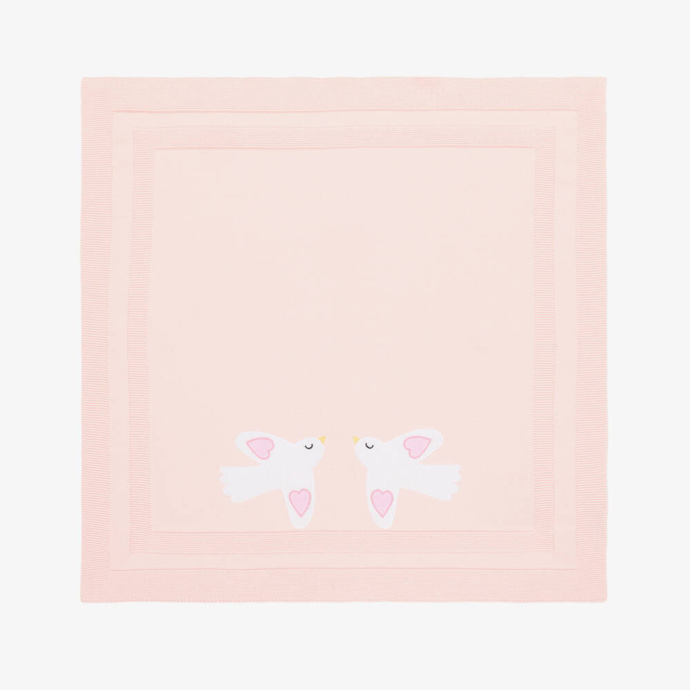 Stella McCartney Kids-Girls Pink Knitted Cotton Blanket with White Birds (78cm) | Childrensalon Outlet