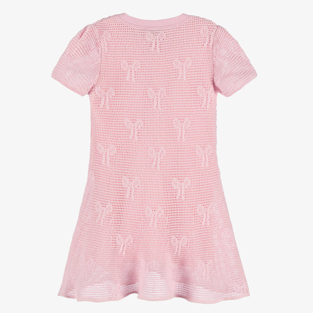 Self-Portrait-Girls Pink Knitted Cotton Bow Dress with Patch Pockets | Childrensalon Outlet