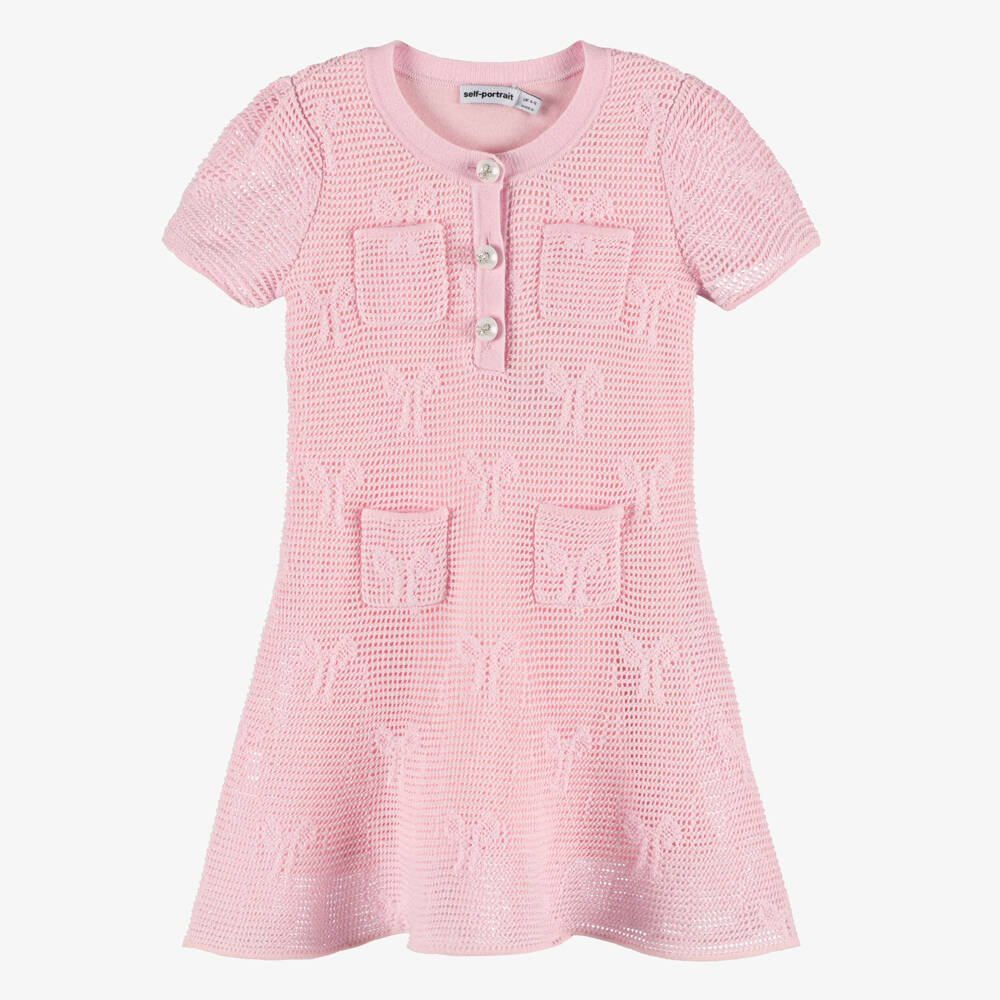 Self-Portrait-Girls Pink Knitted Cotton Bow Dress with Patch Pockets | Childrensalon Outlet