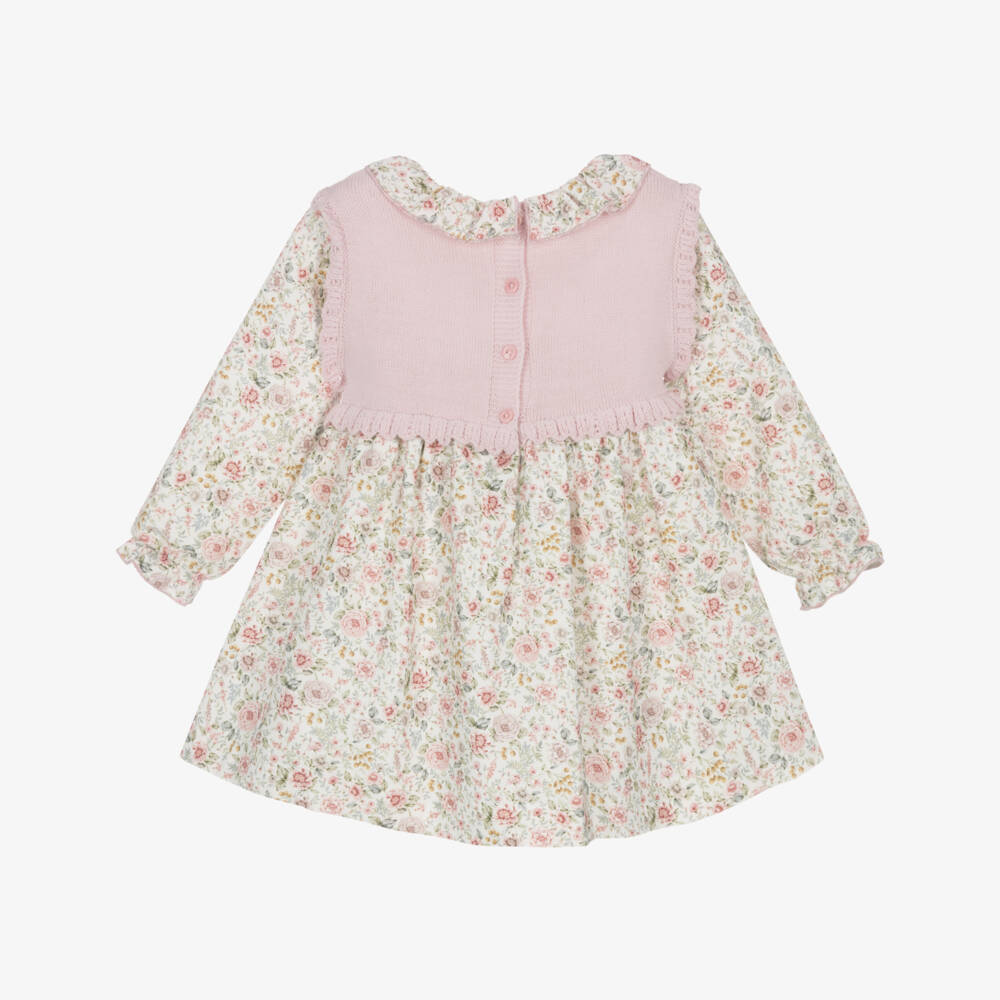 Artesanía Granlei-Girls Pink Knitted Cotton & Floral Print Dress | Childrensalon Outlet