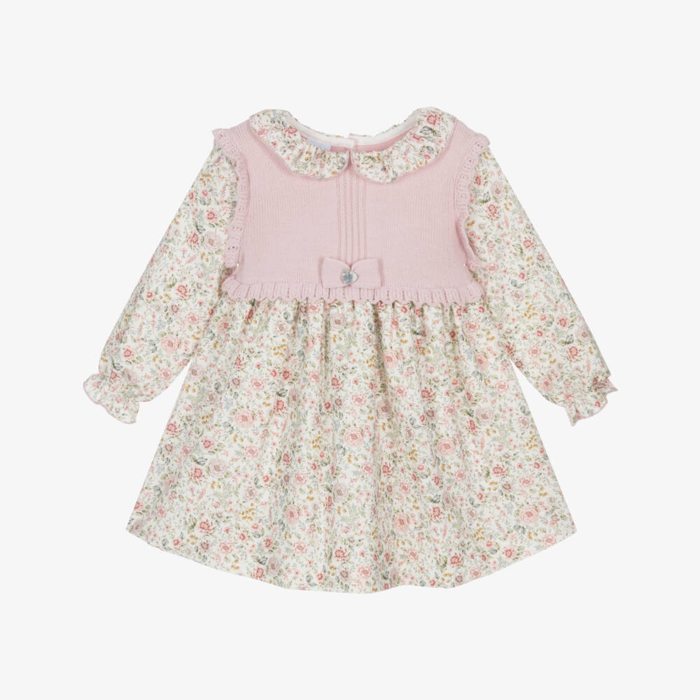 Artesanía Granlei-Girls Pink Knitted Cotton & Floral Print Dress | Childrensalon Outlet