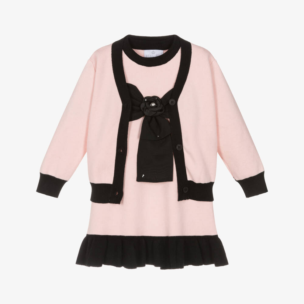 Beau KiD-Girls Pink Knitted Dress & Cardigan Set with Black Bow | Childrensalon Outlet