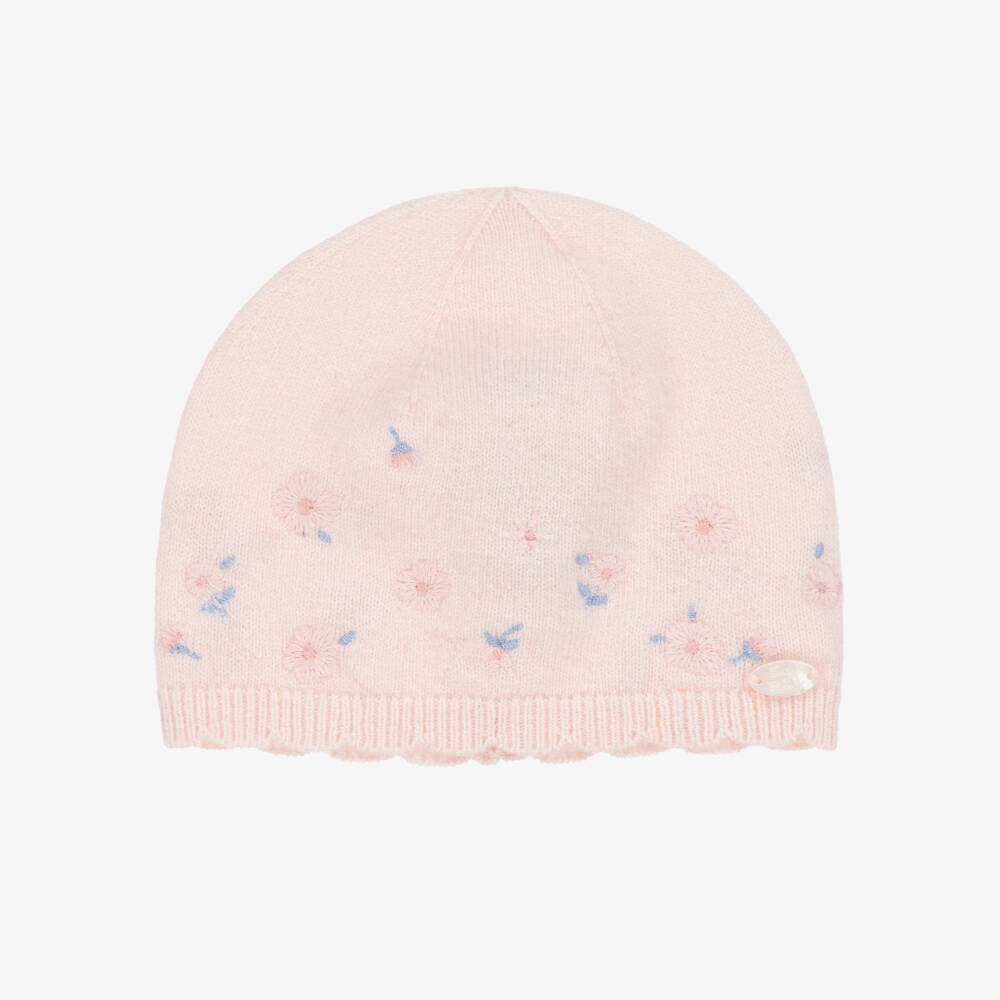 Tartine et Chocolat-Girls Pink Knitted Hat with Embroidered Flowers | Childrensalon Outlet