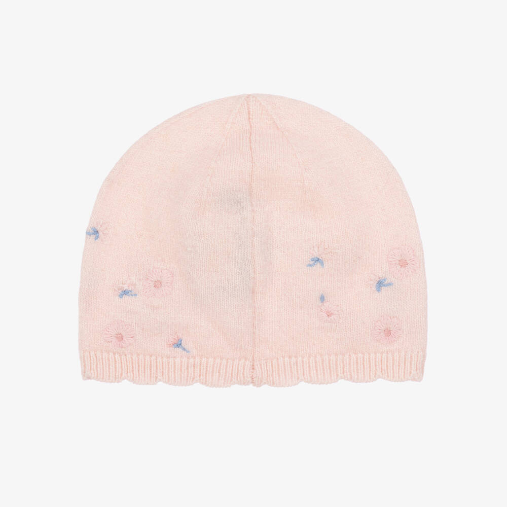 Tartine et Chocolat-Girls Pink Knitted Hat with Embroidered Flowers | Childrensalon Outlet