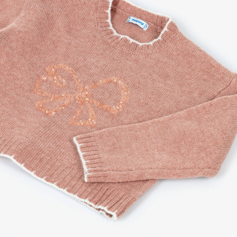 Mayoral-Girls Pink Knitted Jumper with Sequin Bow Detail | Childrensalon Outlet