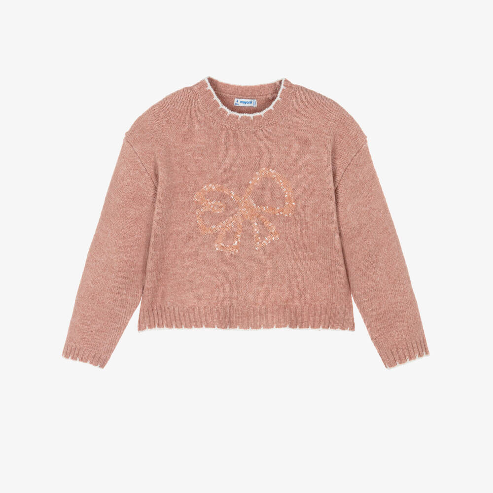 Mayoral-Girls Pink Knitted Jumper with Sequin Bow Detail | Childrensalon Outlet