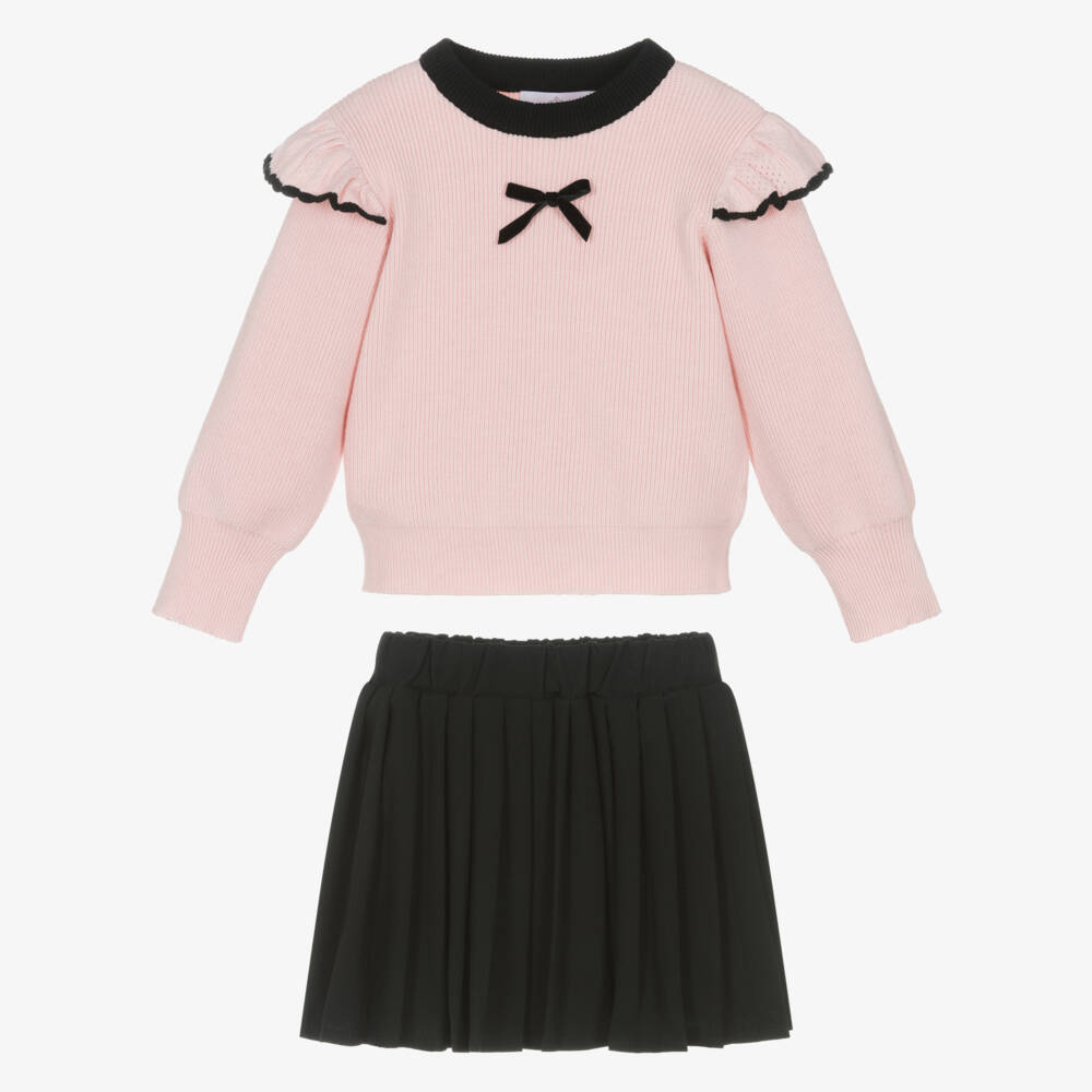 Beau KiD-Girls Pink Knitted Sweater & Black Pleated Skirt Set | Childrensalon Outlet