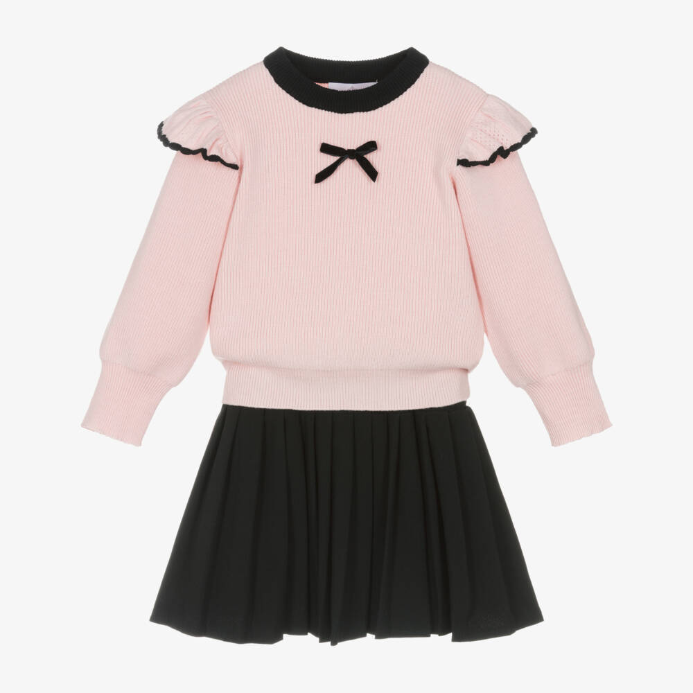 Beau KiD-Girls Pink Knitted Sweater & Black Pleated Skirt Set | Childrensalon Outlet