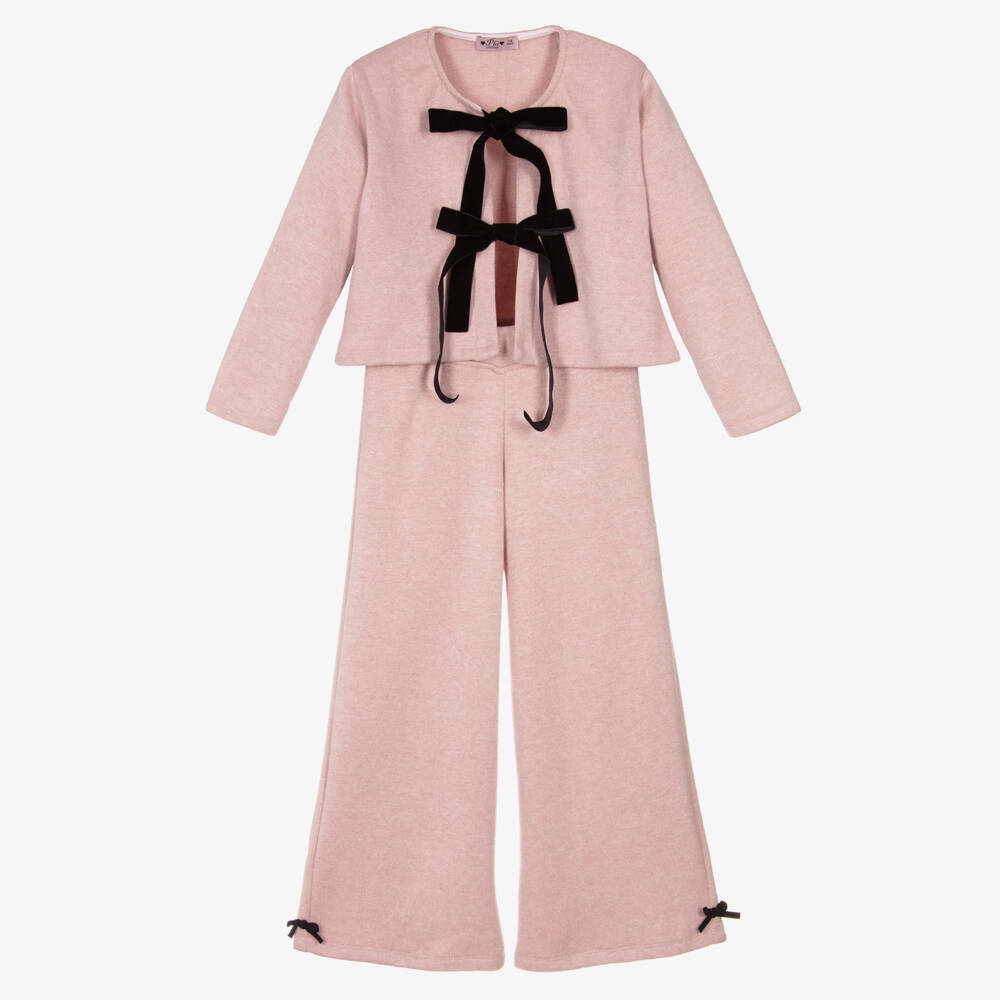 Phi Clothing-Girls Pink Knitted Trouser Set with Ribbon Ties | Childrensalon Outlet