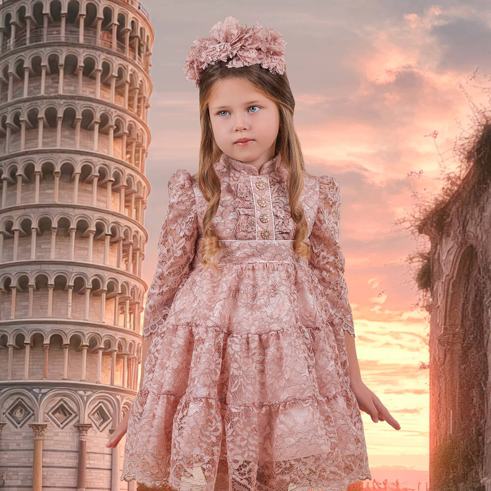 Irpa-Girls Pink Lace & Satin Dress with Ruffles | Childrensalon Outlet