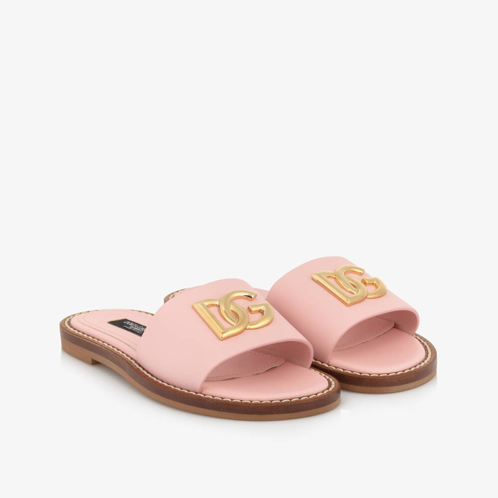 Dolce & Gabbana-Girls Pink Leather DG Logo Sliders | Childrensalon Outlet