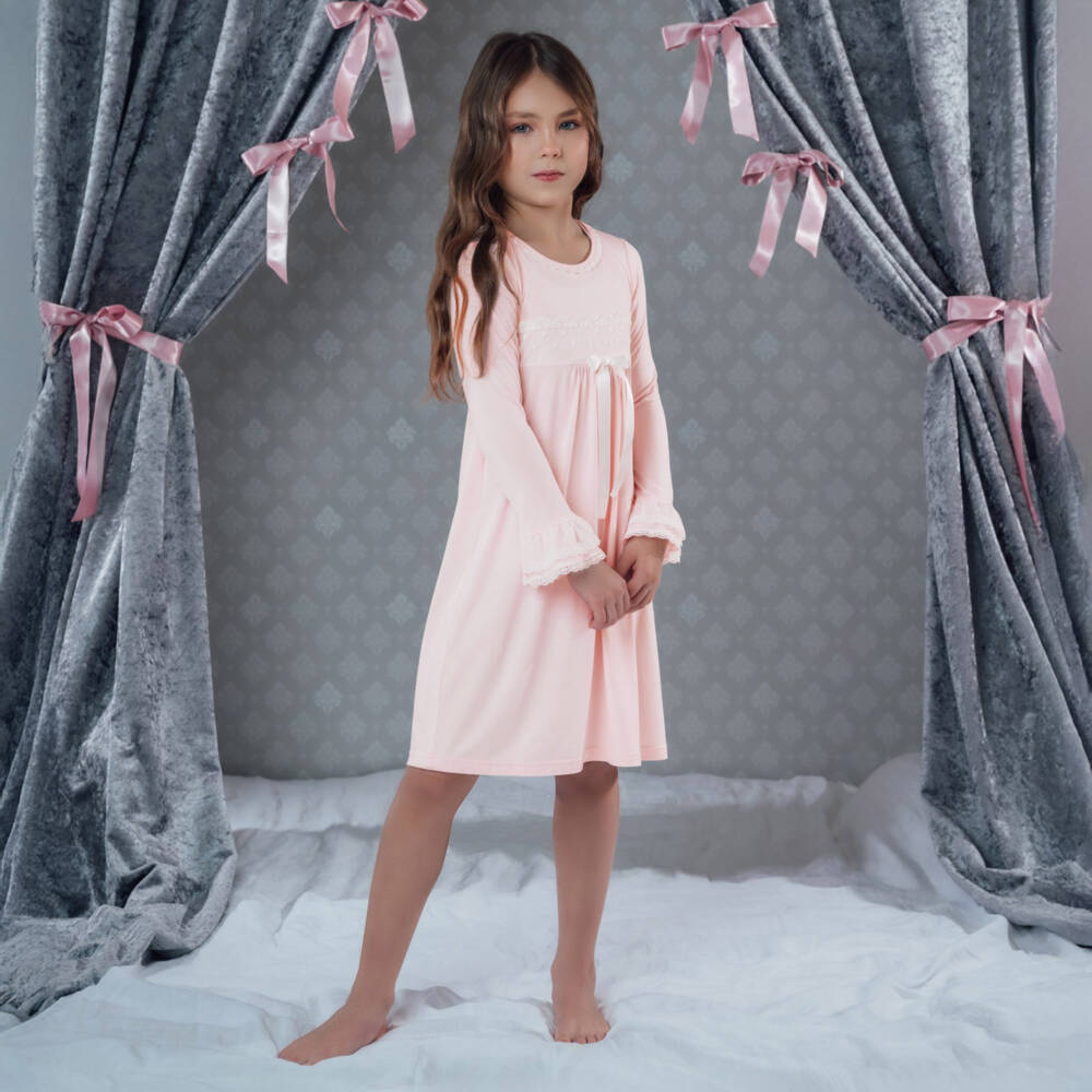 AMIKI Children-Girls Pink Micromodal Jersey Nightdress with Lace Trims | Childrensalon Outlet