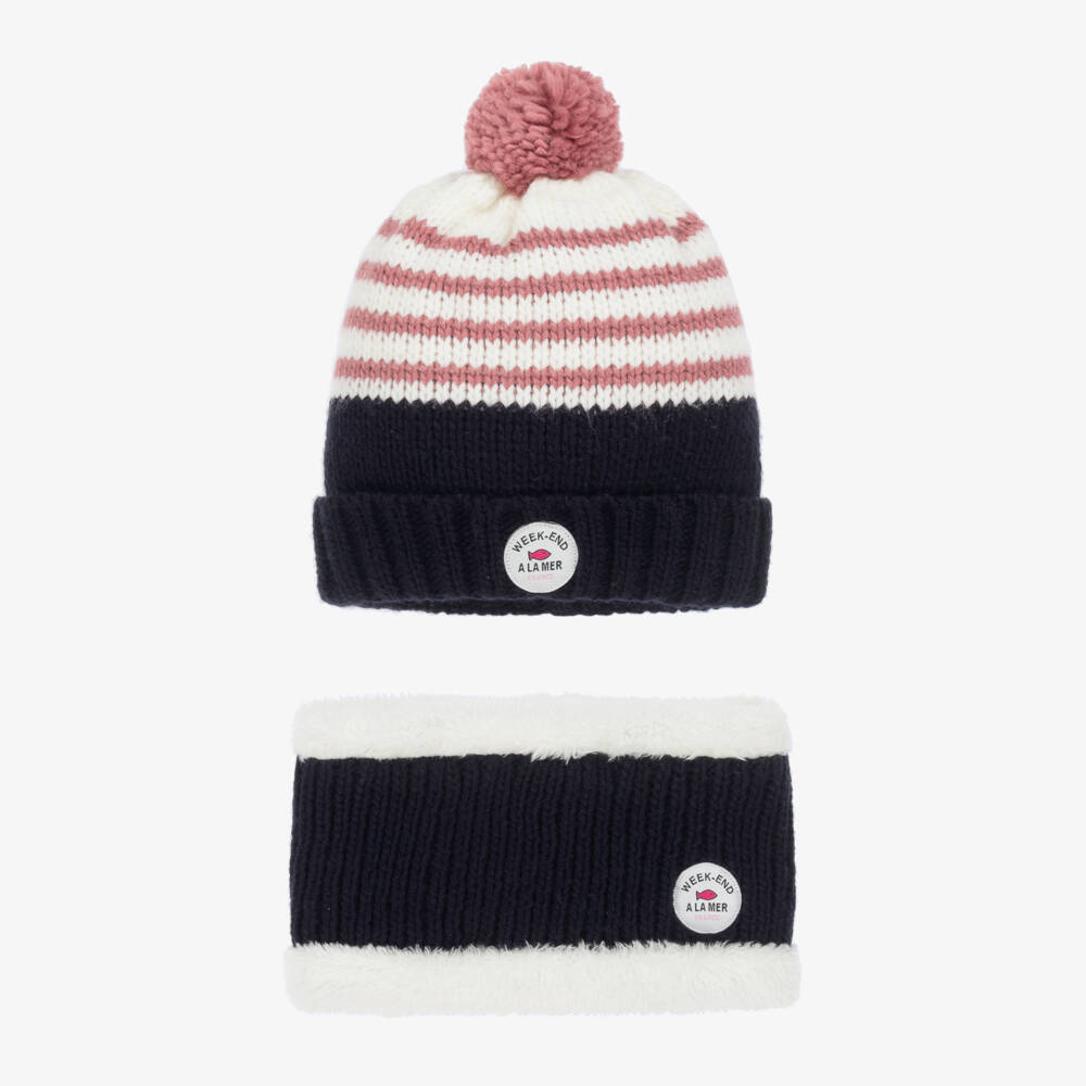 Week-end à la mer-Girls Pink & Navy Blue Knitted Hat & Snood Set | Childrensalon Outlet