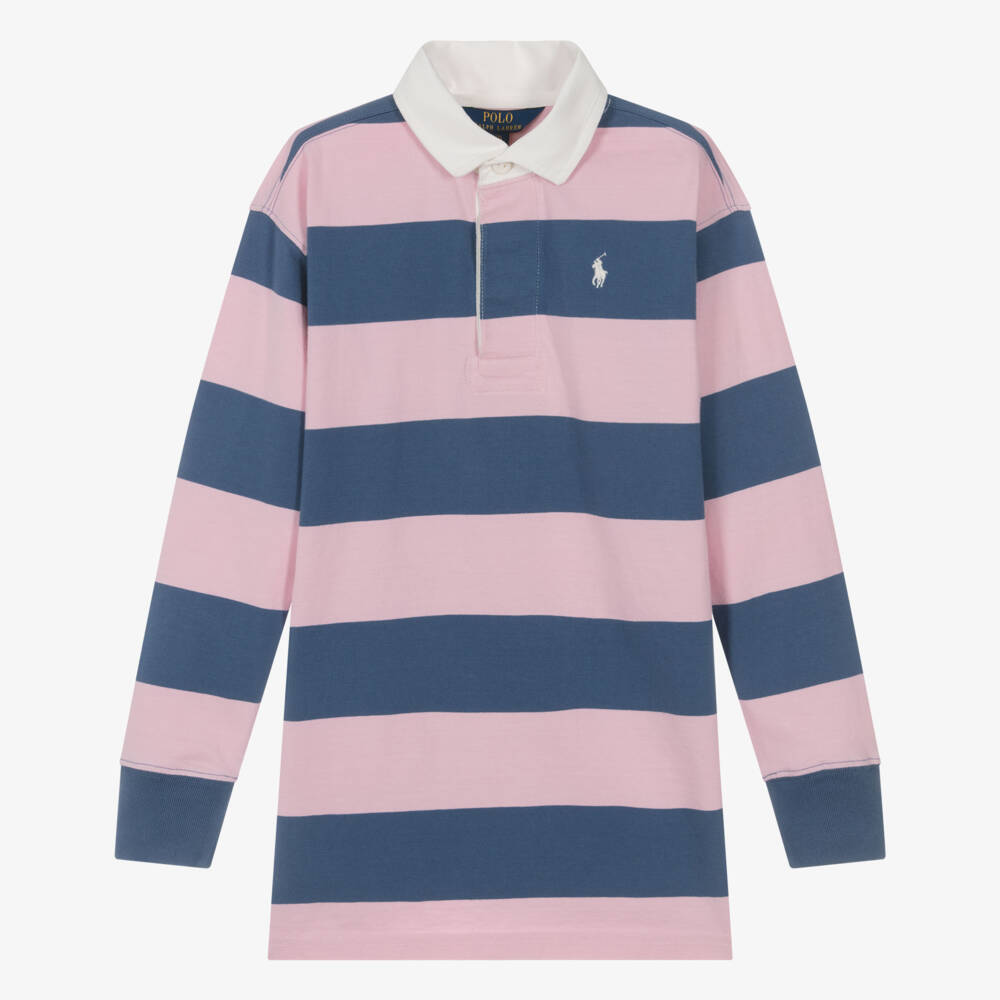 Ralph Lauren-Girls Pink & Navy Blue Striped Cotton Rugby Shirt Dress | Childrensalon Outlet