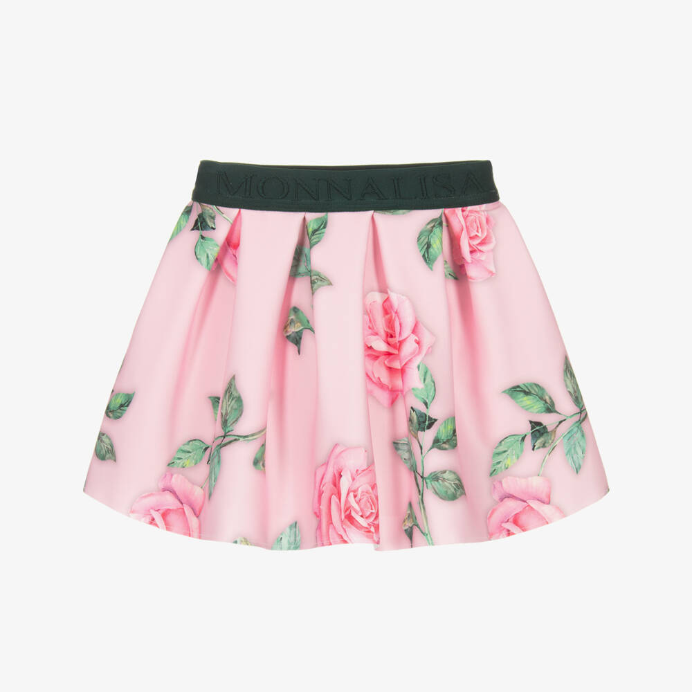 Monnalisa-Girls Pink Neoprene Rose Print Skirt | Childrensalon Outlet