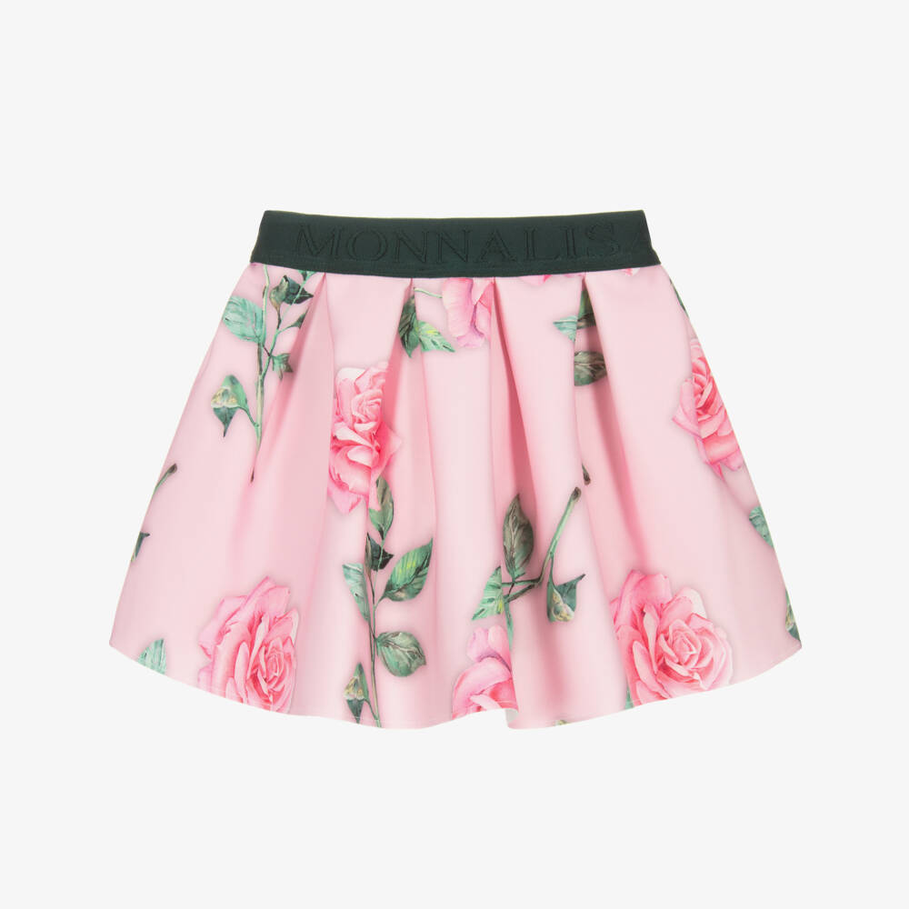 Monnalisa-Girls Pink Neoprene Rose Print Skirt | Childrensalon Outlet