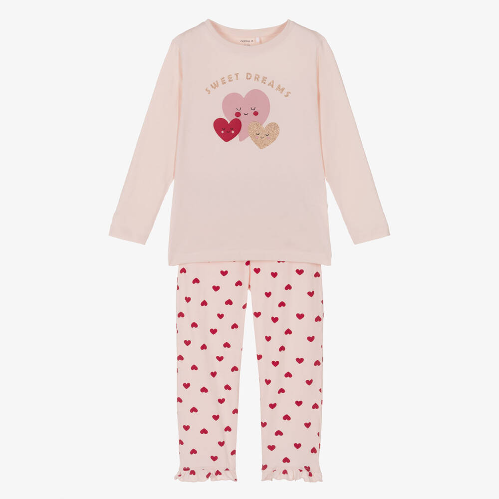NAME IT-Girls Pink Organic Cotton Heart Print Pyjamas | Childrensalon Outlet