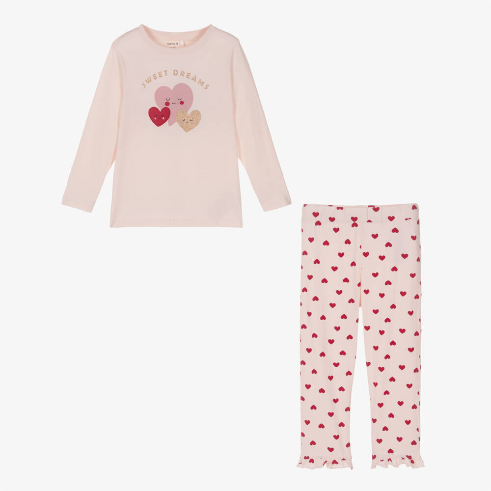NAME IT-Girls Pink Organic Cotton Heart Print Pyjamas | Childrensalon Outlet