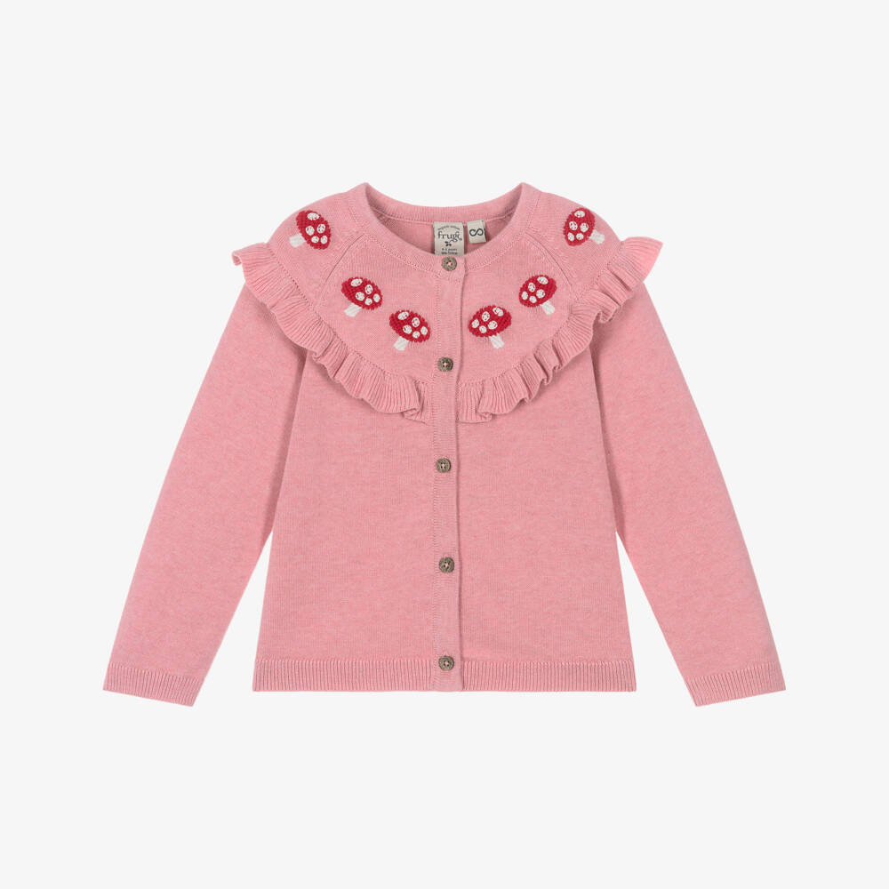 Frugi-Girls Pink Organic Cotton Mushroom Embroidered Cardigan | Childrensalon Outlet