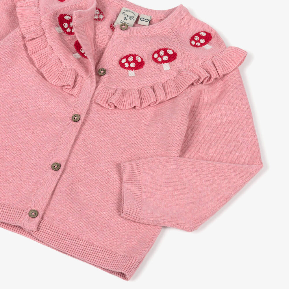 Frugi-Girls Pink Organic Cotton Mushroom Embroidered Cardigan | Childrensalon Outlet