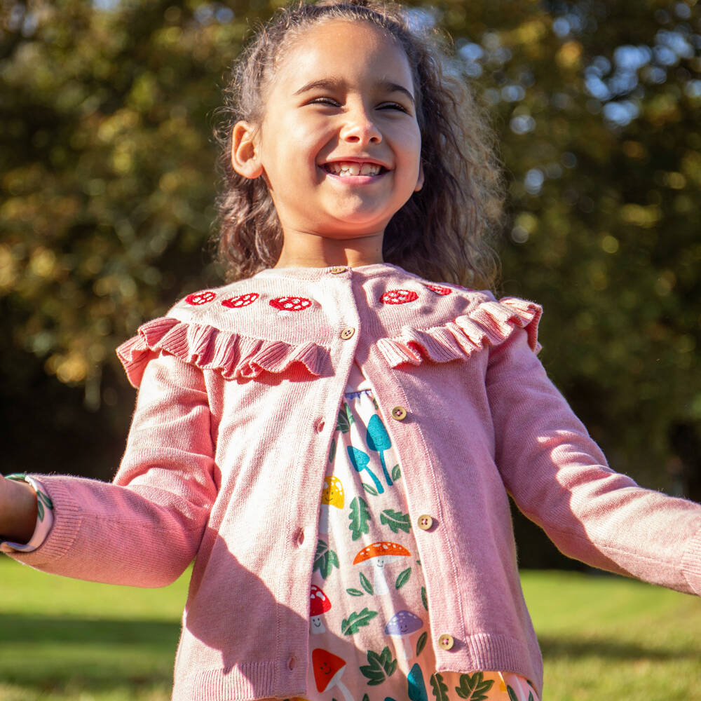 Frugi-Girls Pink Organic Cotton Mushroom Embroidered Cardigan | Childrensalon Outlet