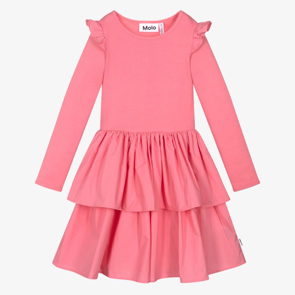 Molo-Girls Pink Organic Cotton Ruffle Dress | Childrensalon Outlet