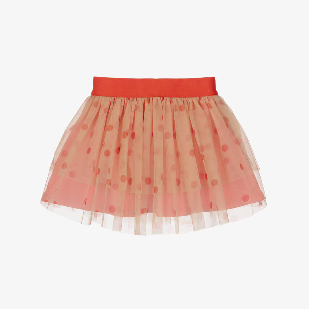 Mini Rodini-Girls Pink Organic Cotton Skirt with Orange Tulle Overlay | Childrensalon Outlet