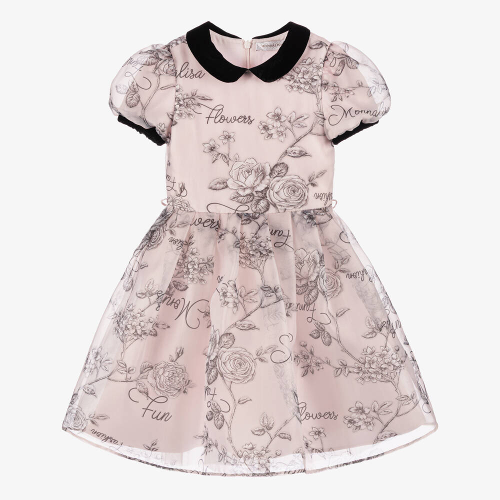 Monnalisa Chic-Girls Pink Organza Rose Print Dress | Childrensalon Outlet